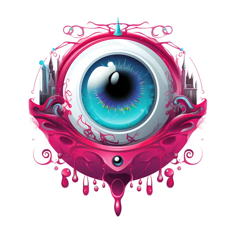 Surreal Blue Eye Illustration with Pink Accents