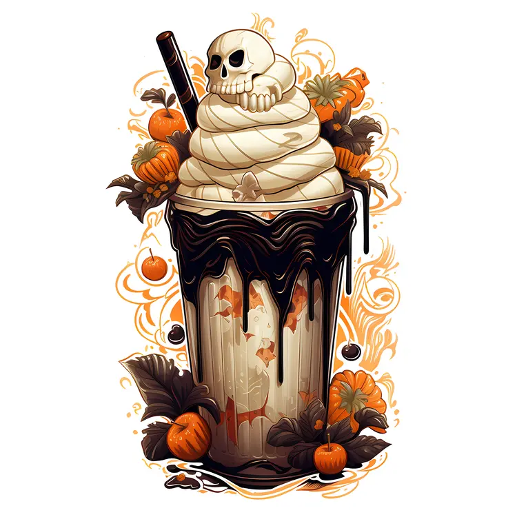 Black Halloween Milkshake with Skull and Pumpkins