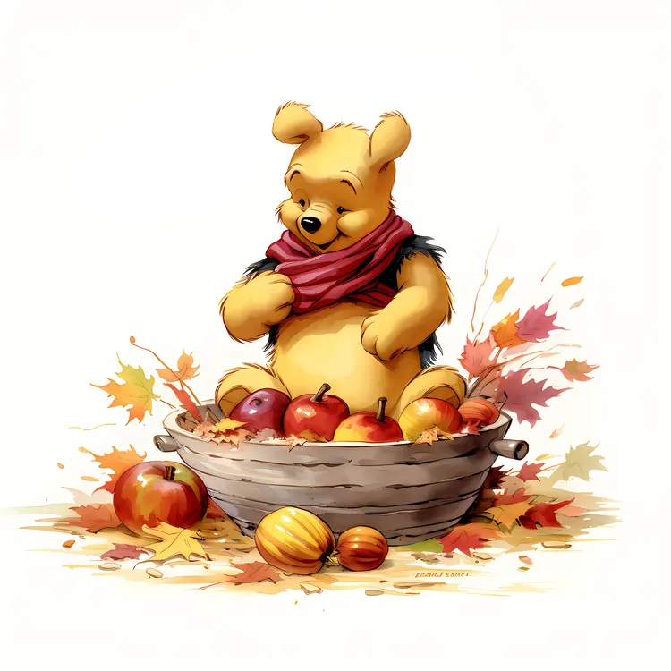 Yellow Bear with Basket of Autumn Fruits