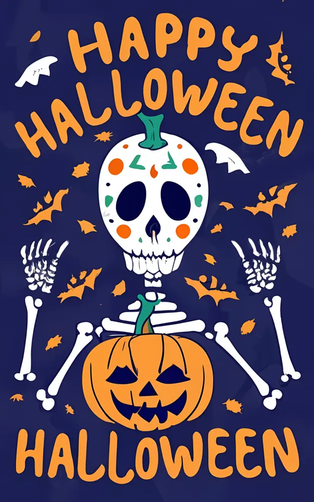 Skeleton with Pumpkin and 'Happy Halloween' Text