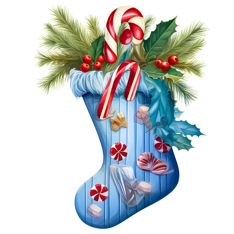 Blue Striped Christmas Stocking with Candy Cane and Holly Leaves