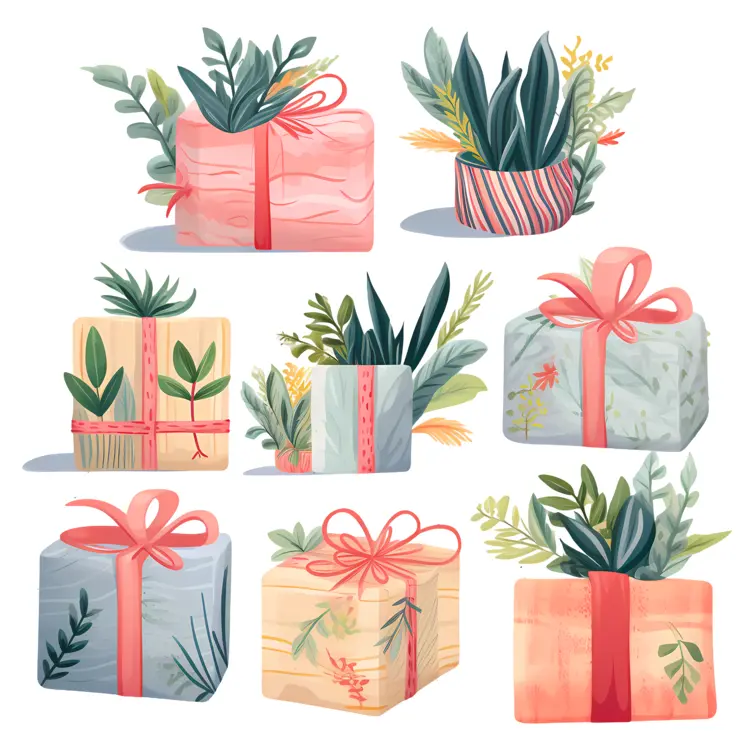 Gift Boxes with Plants and Red Ribbons