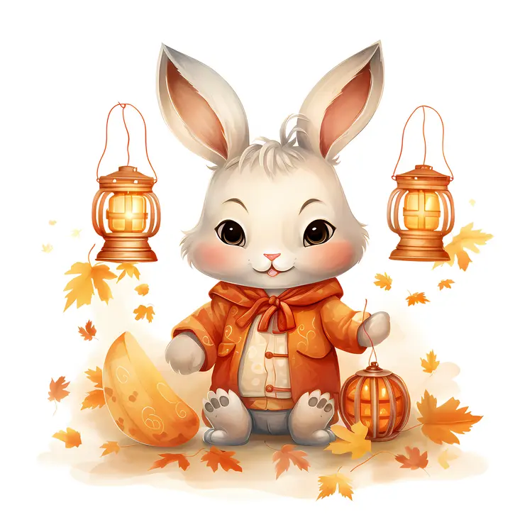 Cute Rabbit with Lanterns and Leaves