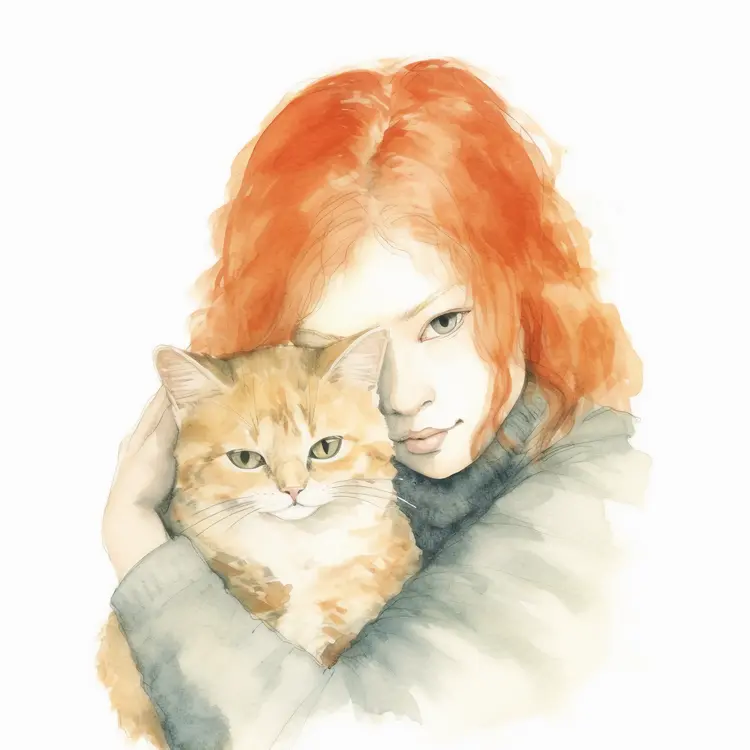 Girl Hugging an Orange Cat in Watercolor Style