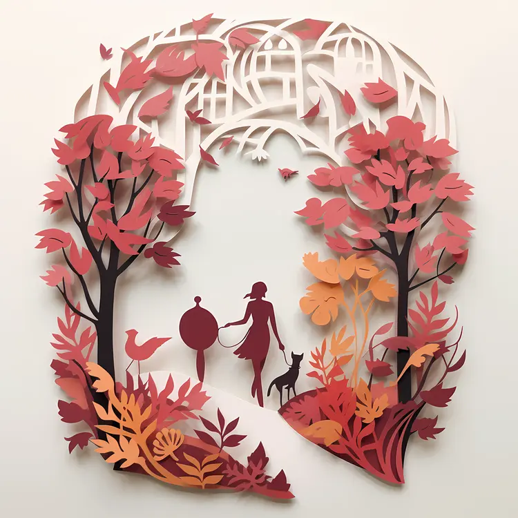 Paper Art of Girl Walking Dog in Autumn
