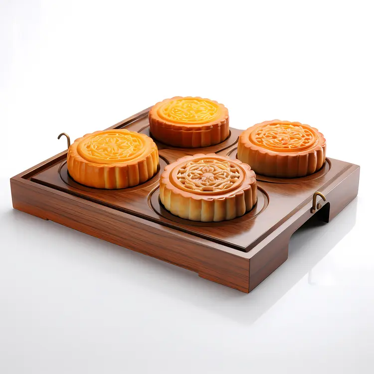 Traditional Mooncakes on Wooden Tray for Mid-Autumn Festival