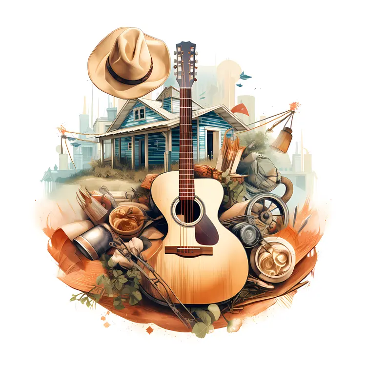 Country Guitar with Cowboy Hat and Rural House