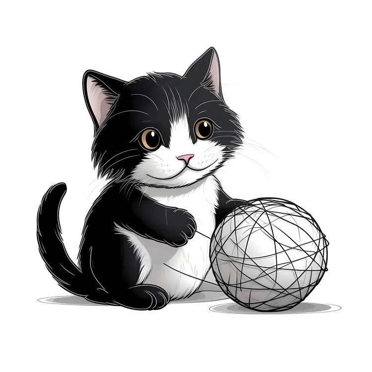 Cute Black and White Cat with Yarn Ball