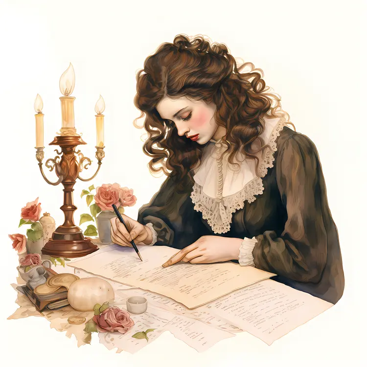 Woman Writing by Candlelight with Roses
