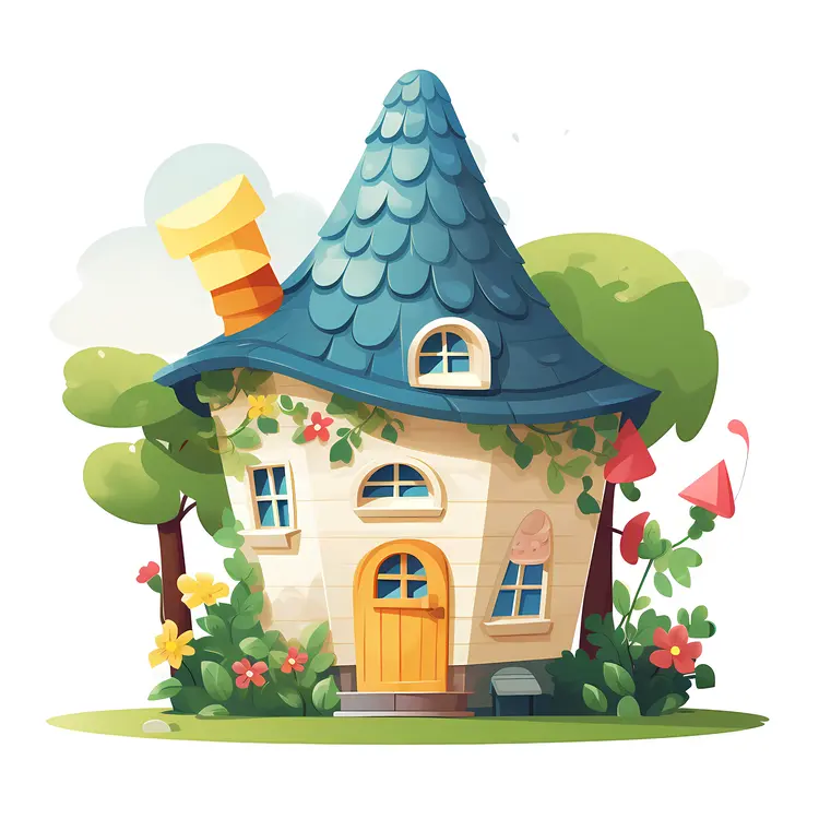 Whimsical house with blue roof