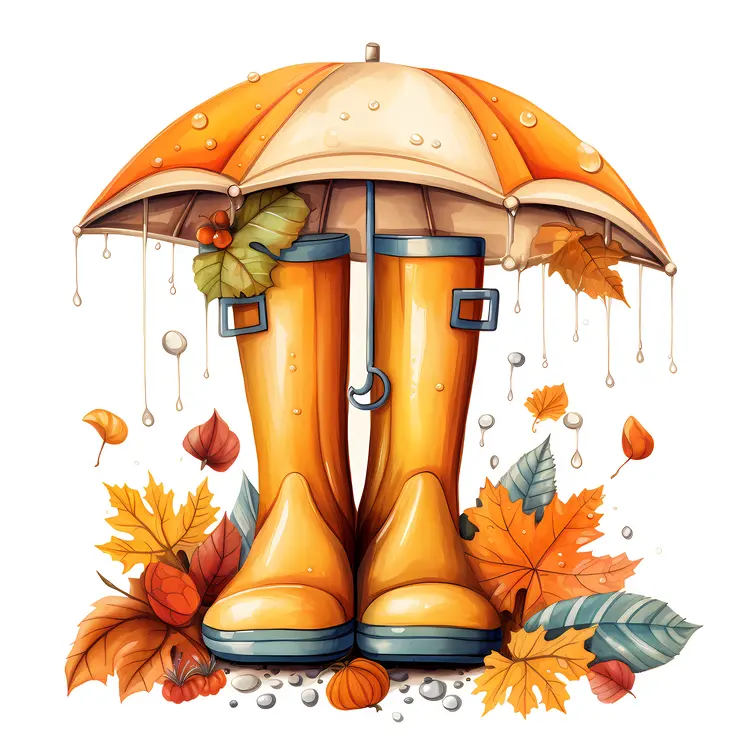 Yellow Rain Boots and Umbrella with Autumn Leaves