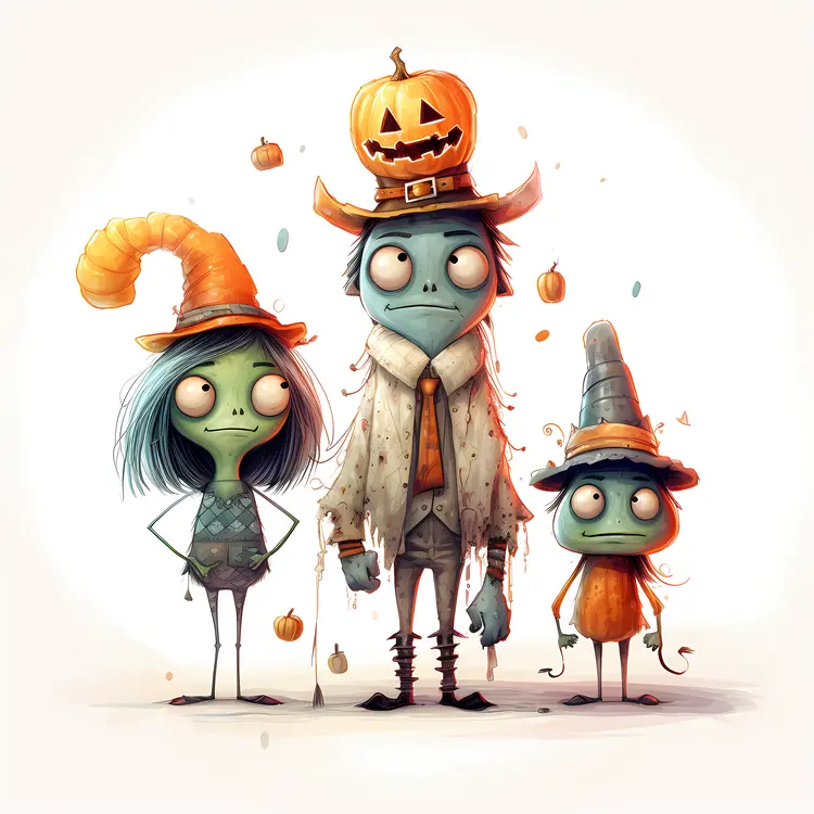 Cute Witches with Pumpkins and Hats