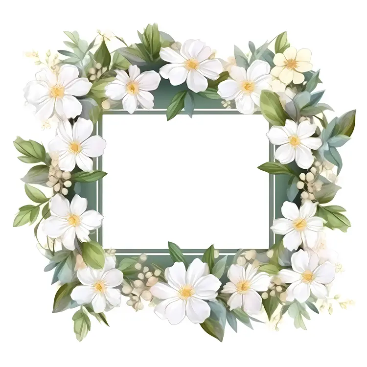 Beautiful Floral Frame with White Flowers and Green Leaves