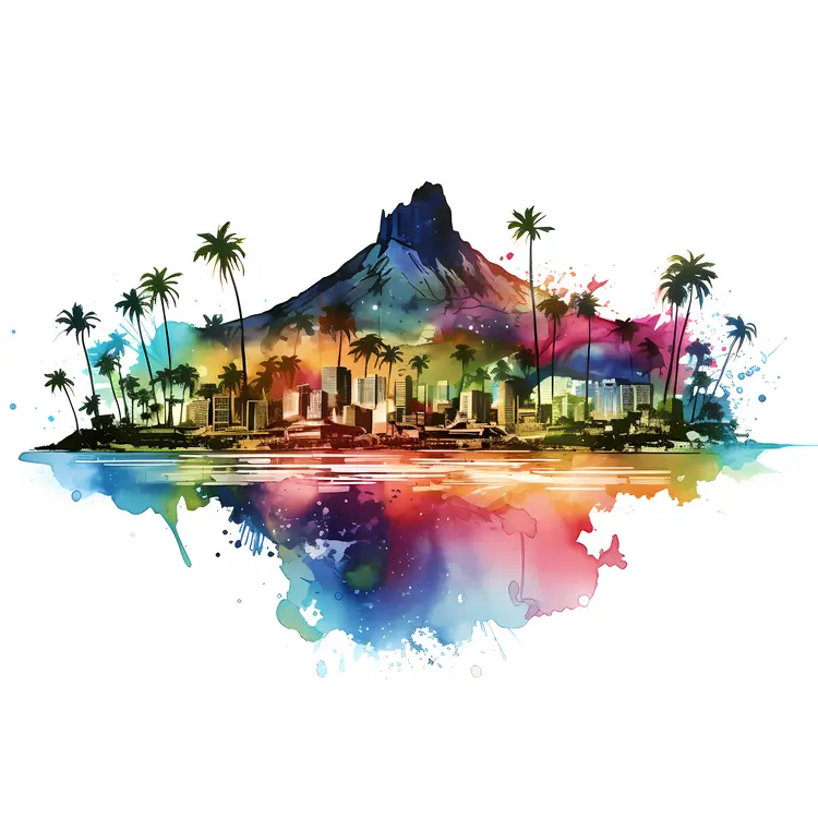 Cityscape with Mountain and Palm Trees