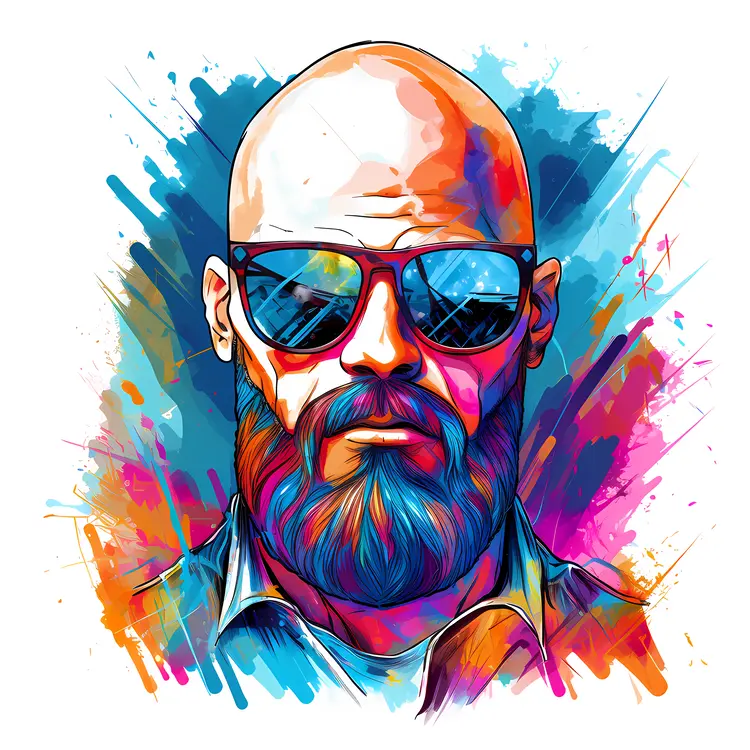 Colorful Portrait of Bald Man with Beard and Sunglasses