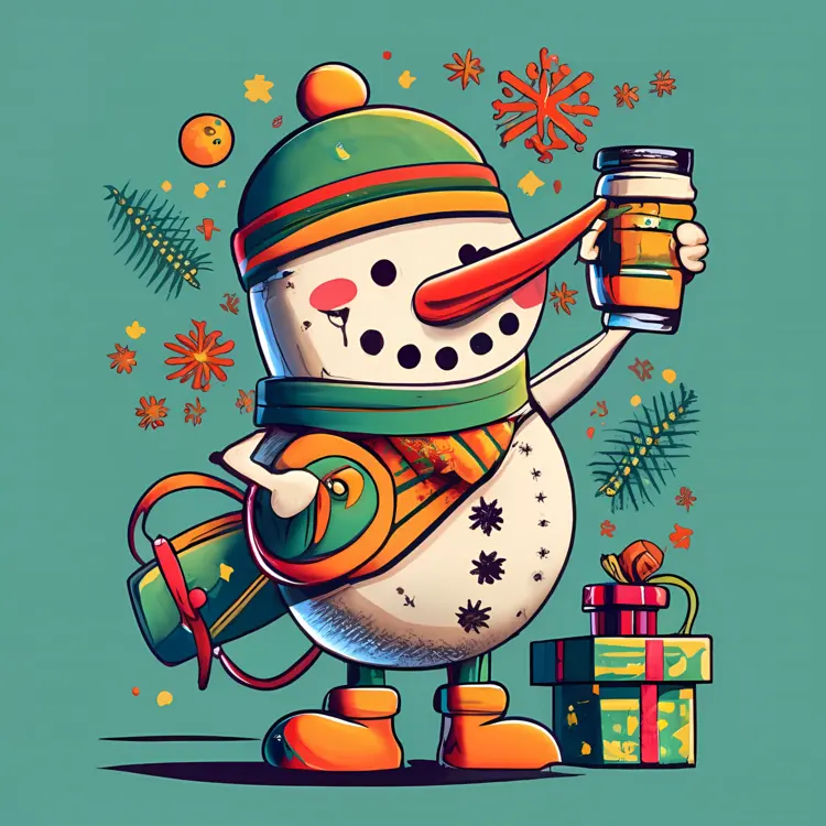 Snowman with Coffee and Gifts