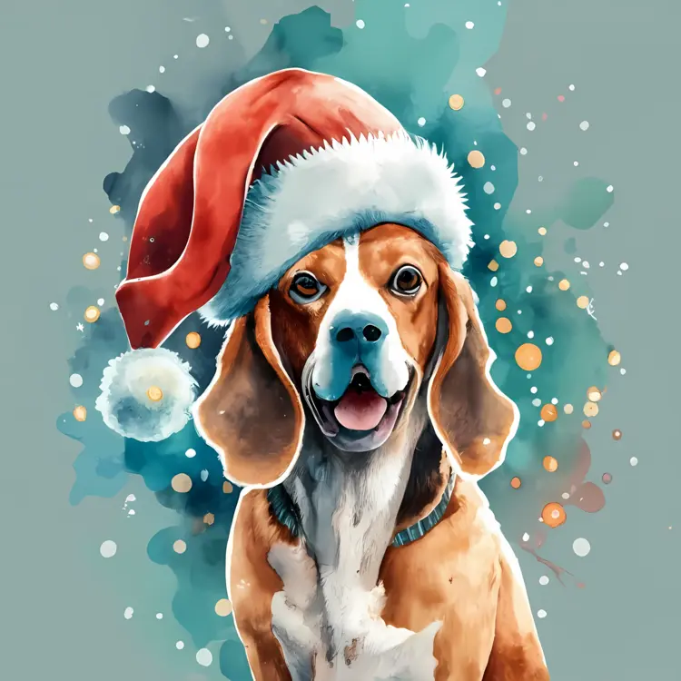 Joyful Dog with Santa Hat and Christmas Baubles