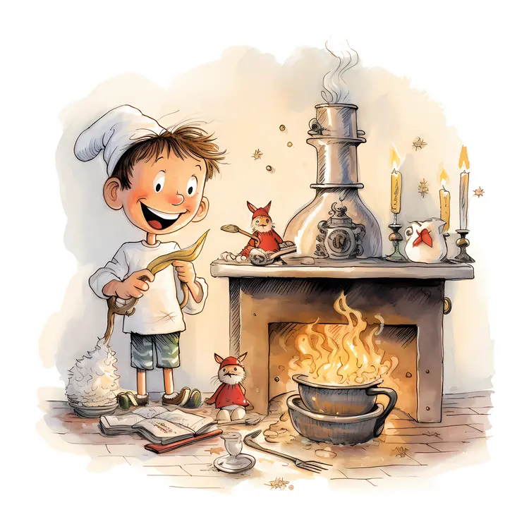 Boy Cooking by the Fireplace