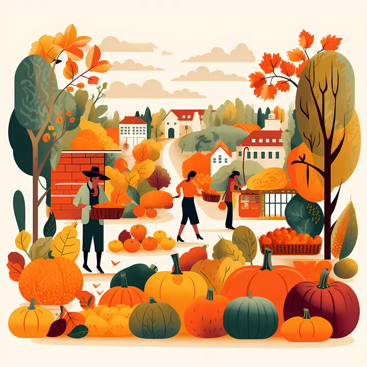Autumn Harvest with Pumpkins and Village Scene