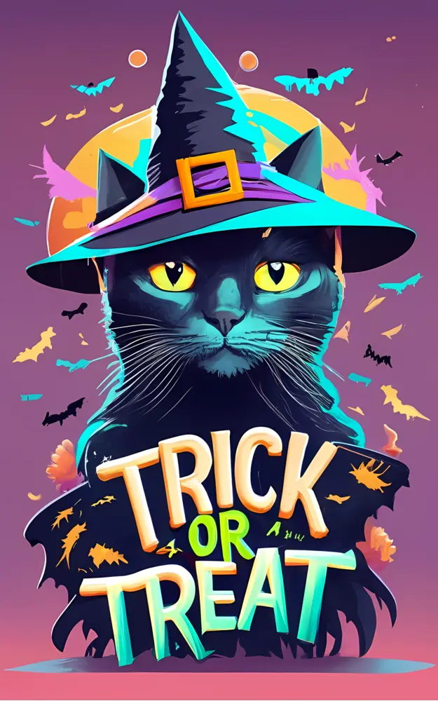 Black Cat in Witch Hat with Trick or Treat Sign
