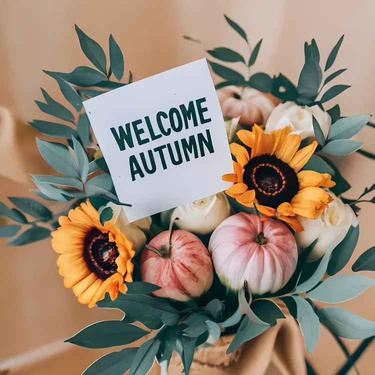 Welcome Autumn Text with Flowers and Pumpkins
