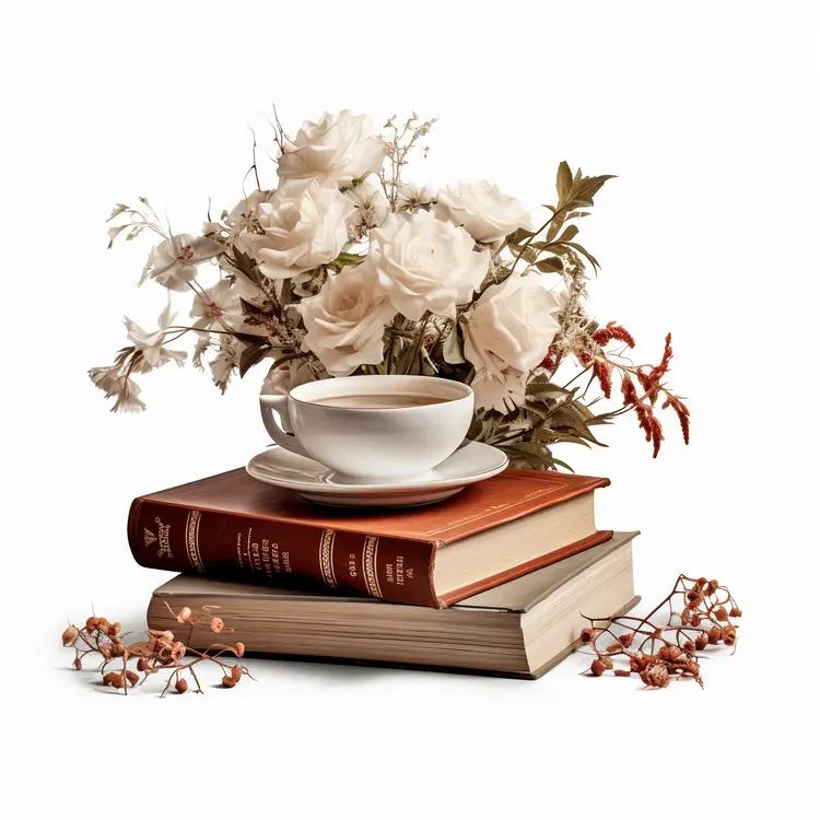 Elegant Cup with Books and Flowers