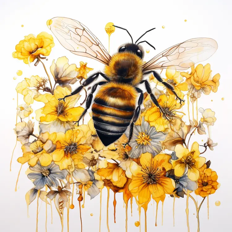 Bee with Yellow Flowers in Watercolor Style