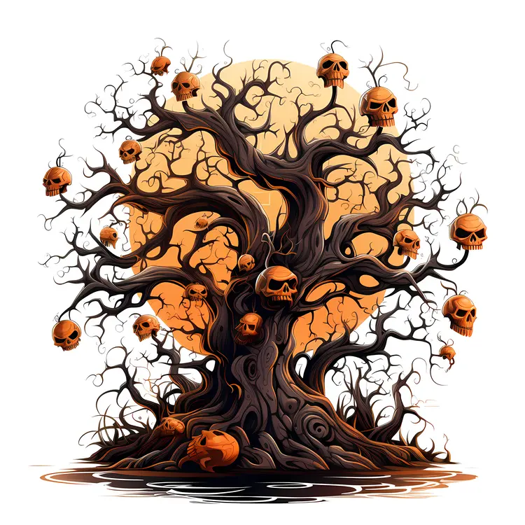 Creepy Halloween Tree with Skulls and Full Moon