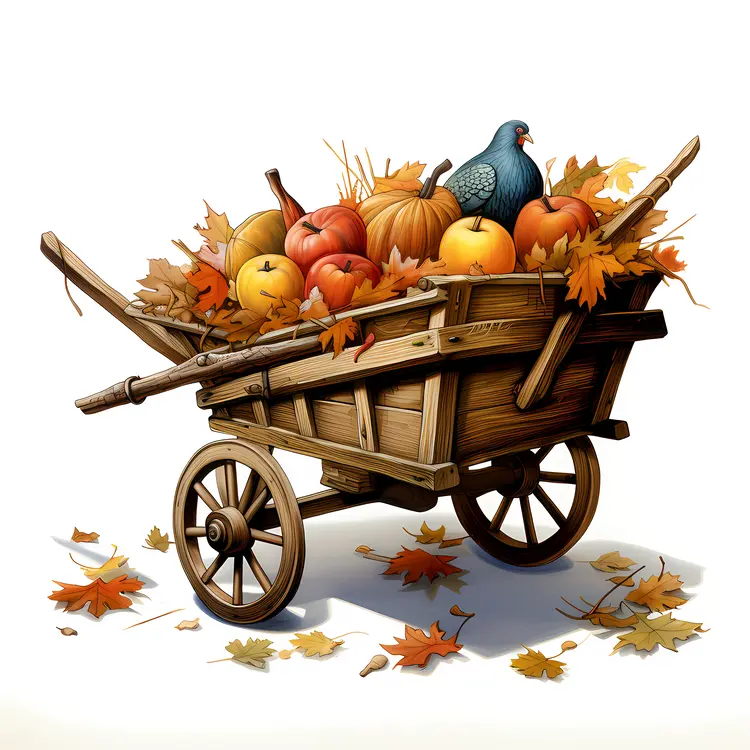Wooden Cart with Pumpkins and Leaves for Thanksgiving