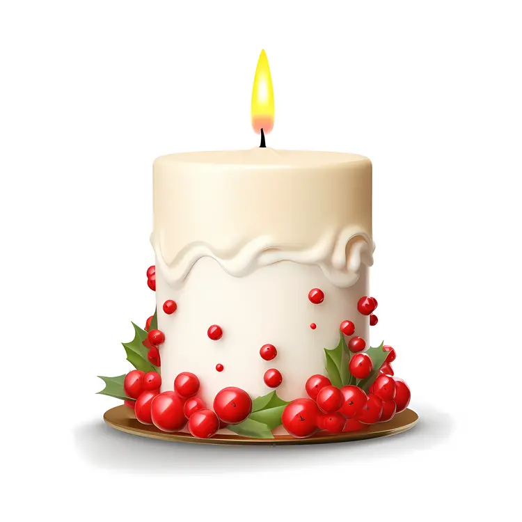 Single White Candle with Red Berries and Holly