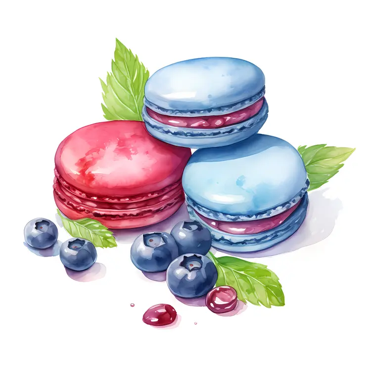 Colorful Macarons with Blueberries and Leaves