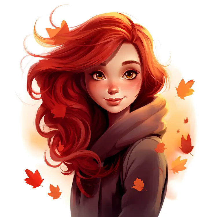 Red-haired girl with autumn leaves