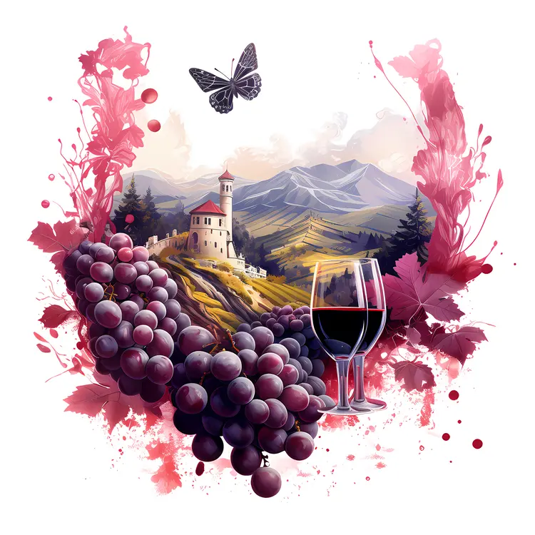 Scenic Vineyard with Grapes and Wine Glass