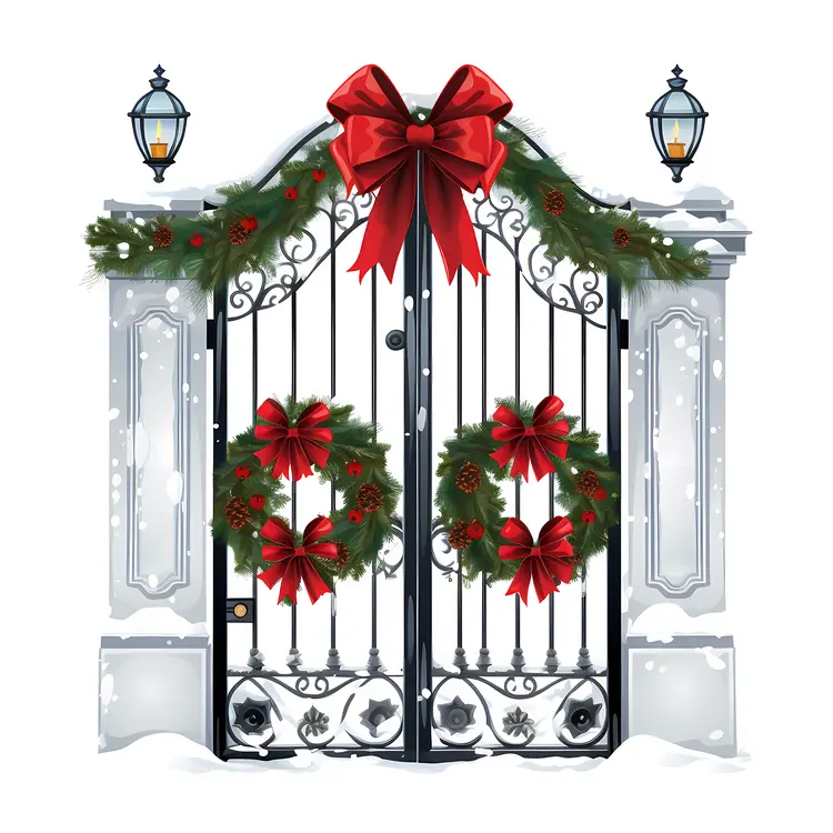 Gate with Christmas Wreaths and Red Bows