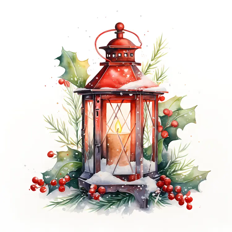 Red Lantern with Holly and Berries