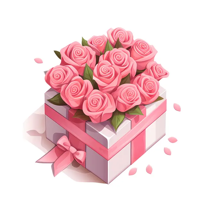 Pink Roses in a Gift Box with Ribbon