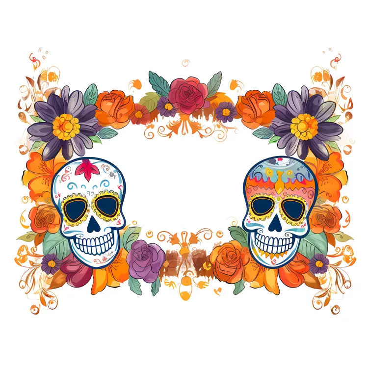 Colorful Sugar Skull with Floral Border
