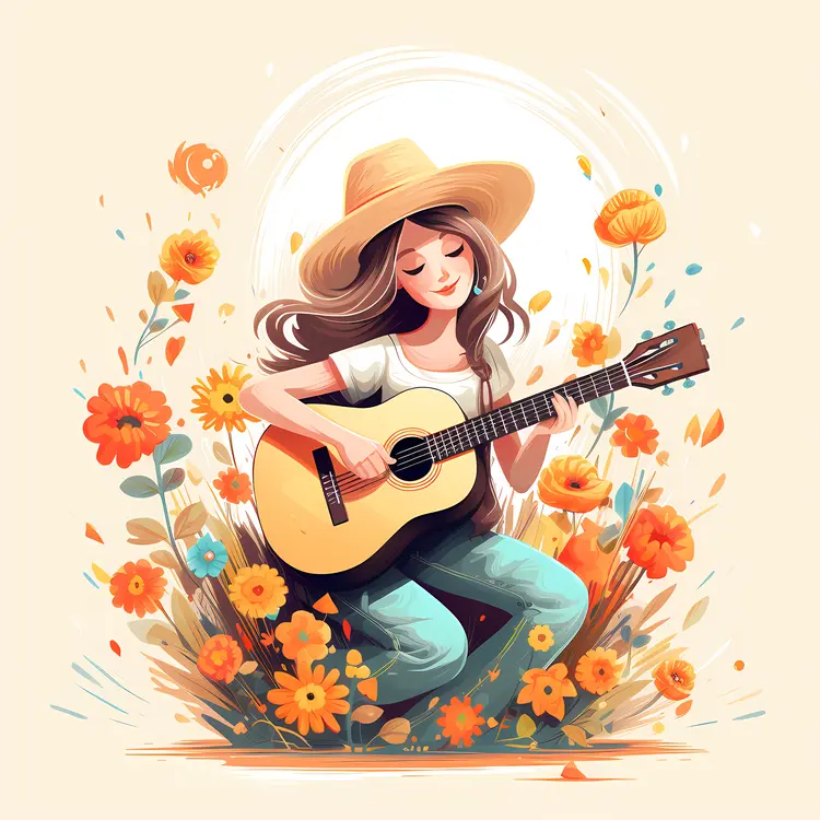 Girl Playing Guitar Surrounded by Flowers