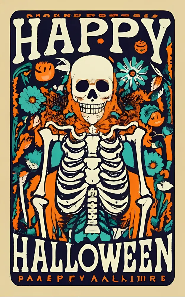 Skeleton with Pumpkins and Leaves for Halloween