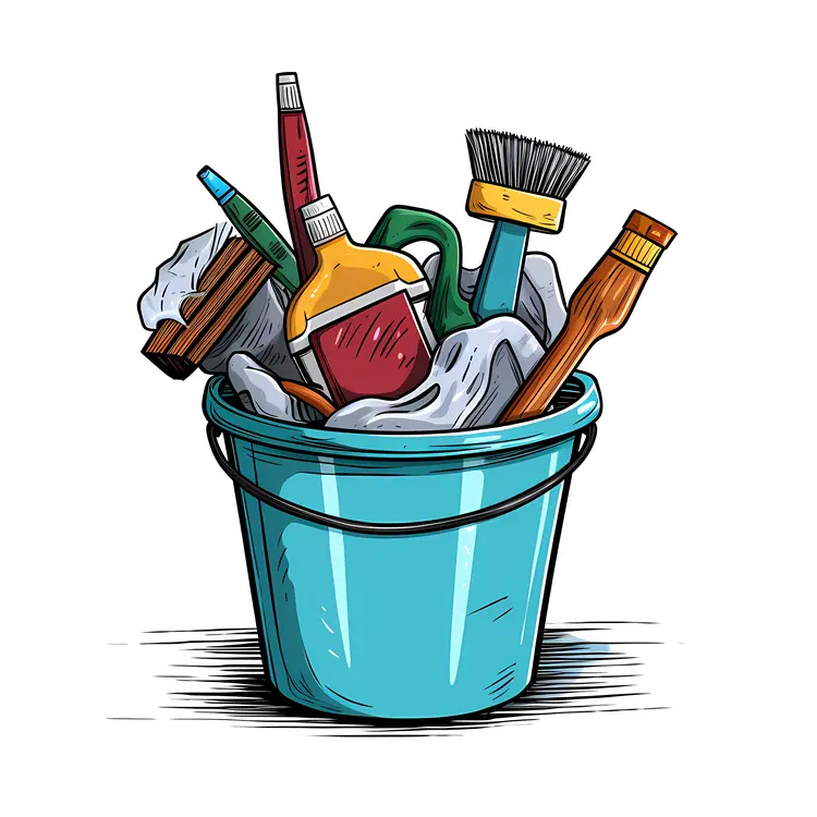 Blue Bucket with Cleaning Supplies