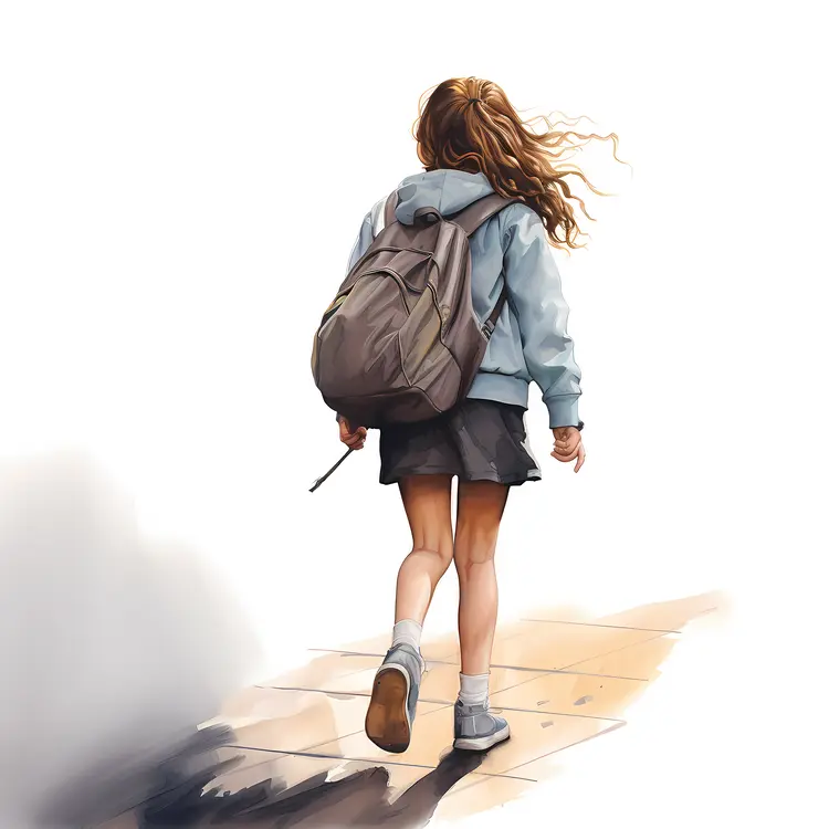 Girl with Backpack Walking on Windy Day