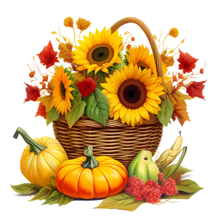 Harvest Basket with Sunflowers and Pumpkins