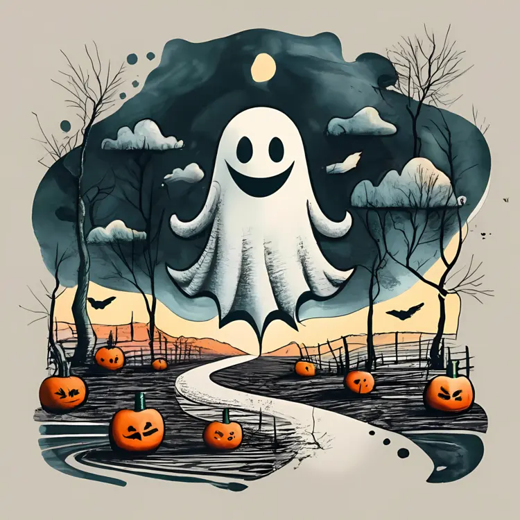 Spooky Ghost and Pumpkins on a Path