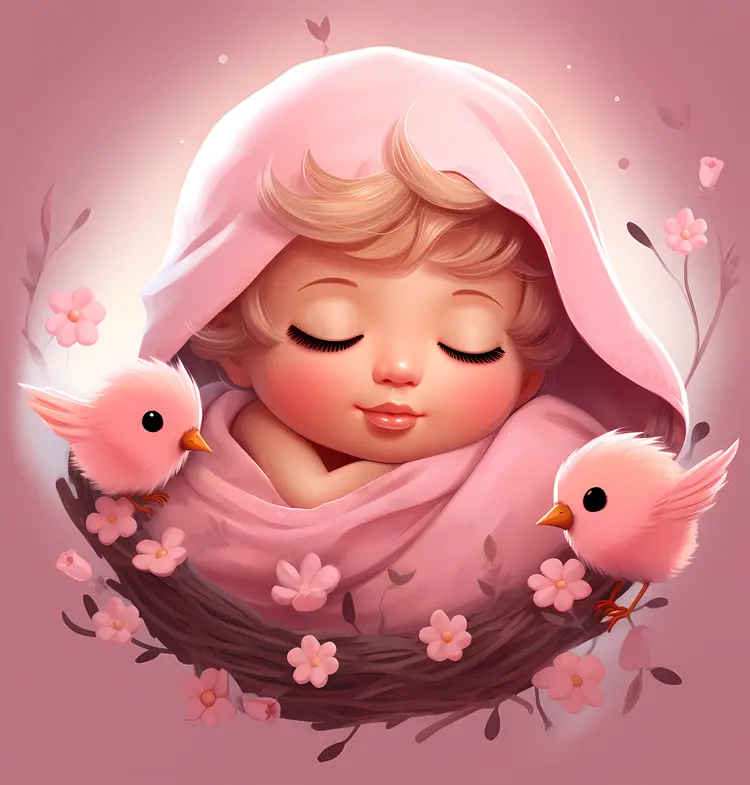 Sleeping Baby with Two Pink Birds and Flowers