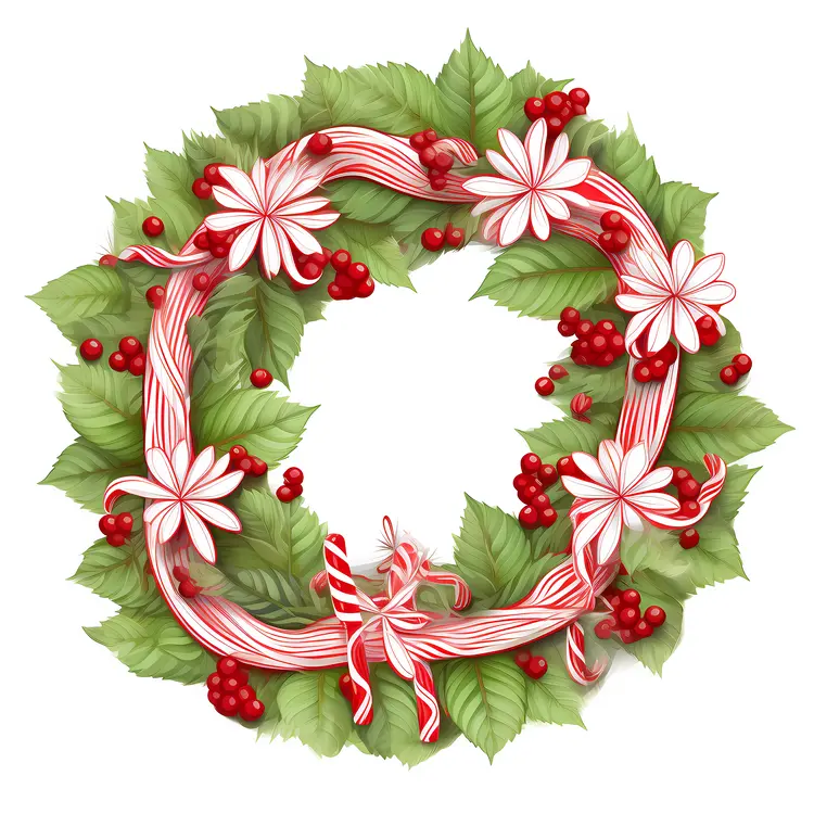 Candy Cane Wreath with Leaves and Berries