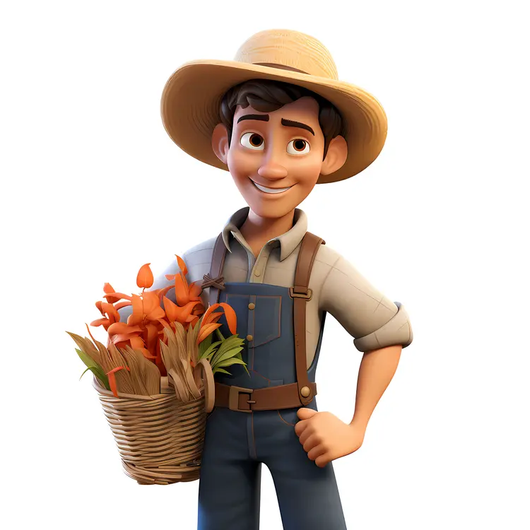 Farmer Holding Basket of Flowers