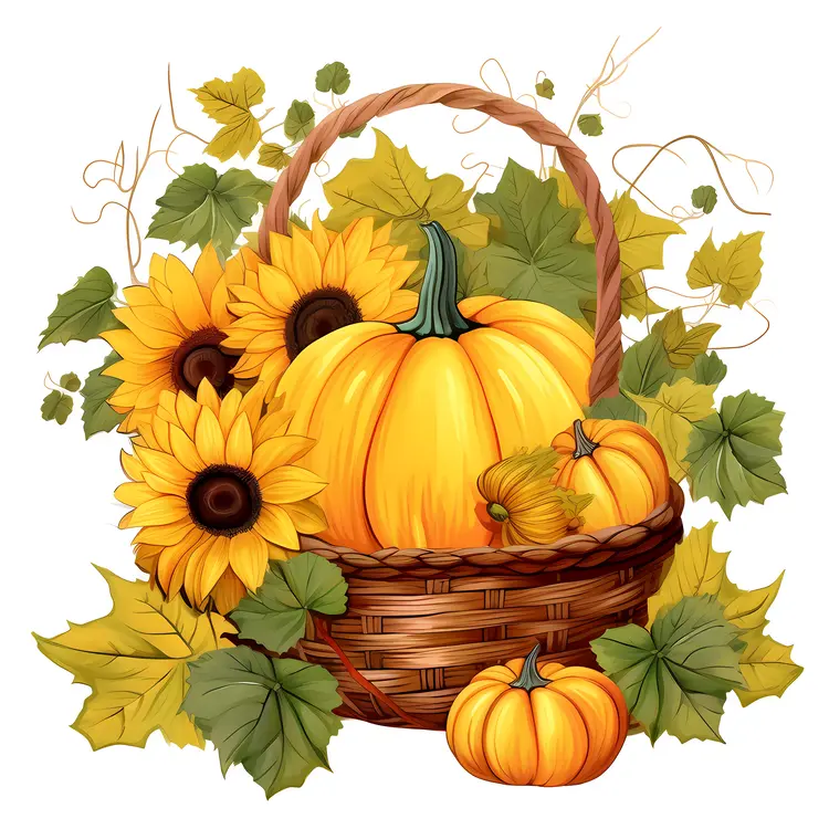 Autumn Basket with Pumpkins and Sunflowers
