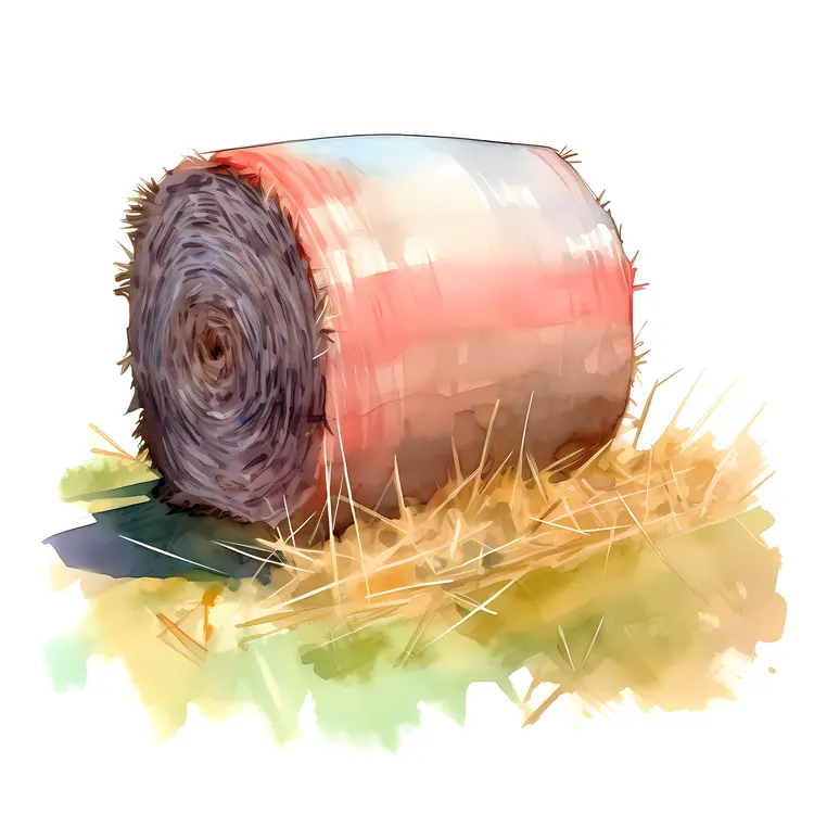Watercolor Hay Bale on a Farm