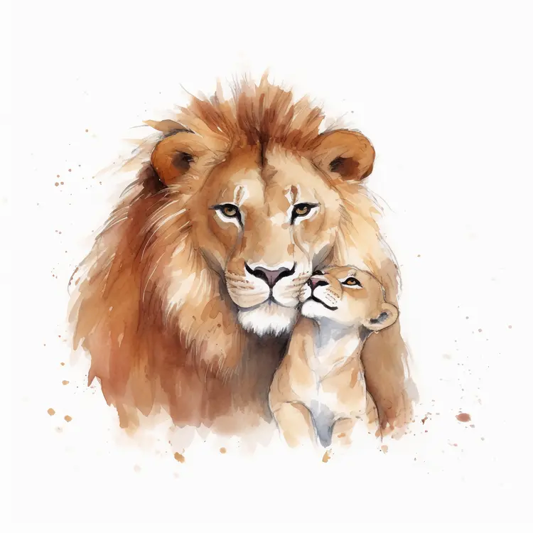 Lion and Cub in Watercolor Illustration