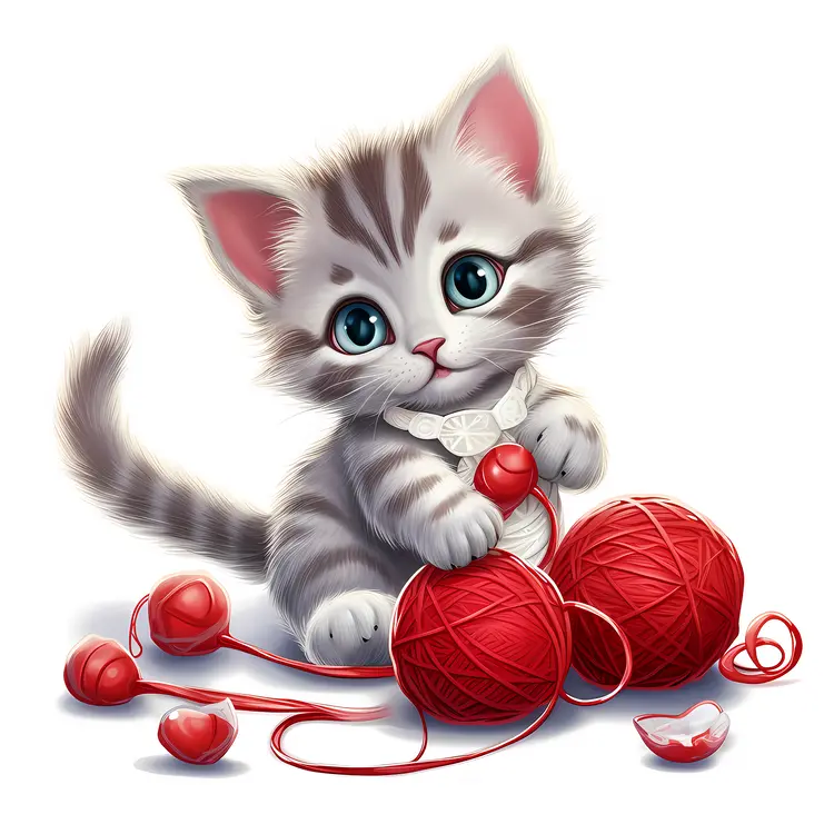 Cute Kitten Playing with Red Yarn Balls